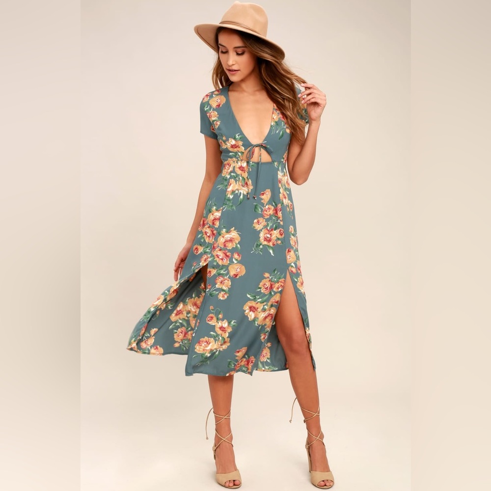 Lulu's Floral Midi Dress in Blue and Orange